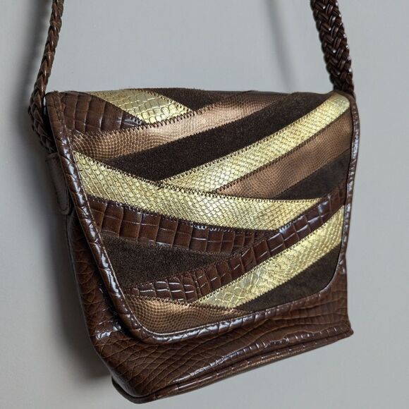 Vintage 80s patchwork cross body bag brown snakeskin croco - Picture 2 of 10
